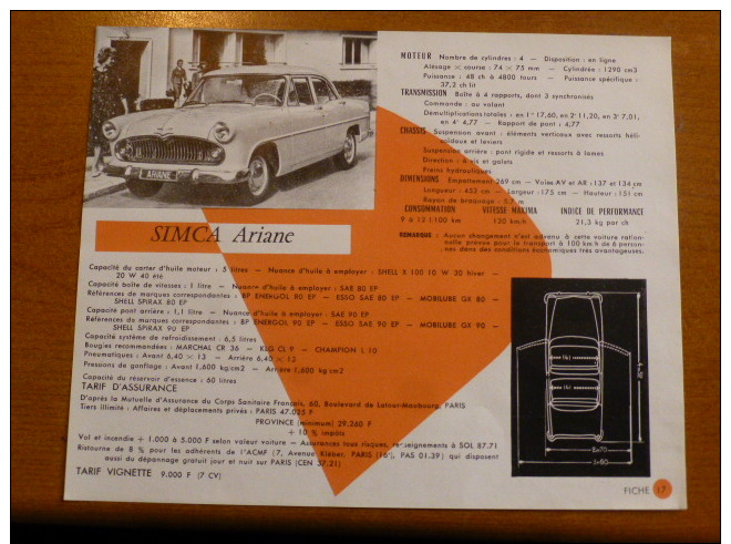 ANCIEN FEUILLET FICHE TECHNIQUE SIMCA ARIANE  1958 SALON AUTO VOITURE AUTOMOBILE GARAGE REPARATION - Non Classés