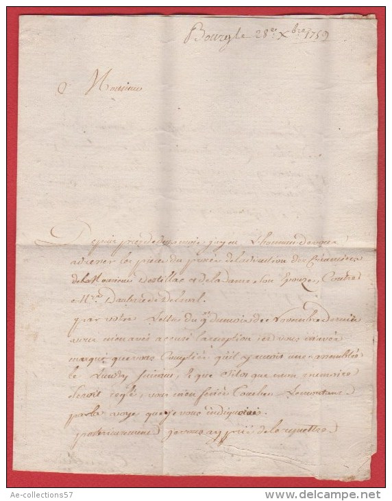 A / Lettre De Bourg   Pour Paris    --  1755 - 1701-1800: Precursors XVIII