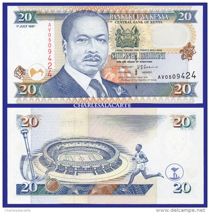 1997  KENYA  20 SHILLINGS SPORTS STADIUM ATHLETE  SERIAL No....424  KRAUSE 35b  UNC. CONDITION - Kenya