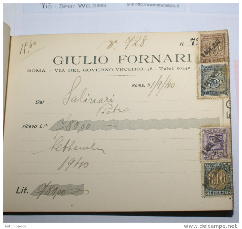 ITALIA REGNO 1940 - LIBRETTO RICEVUTE CON OLTRE 400 FRANCOBOLLI FISCALI ANNULLATI