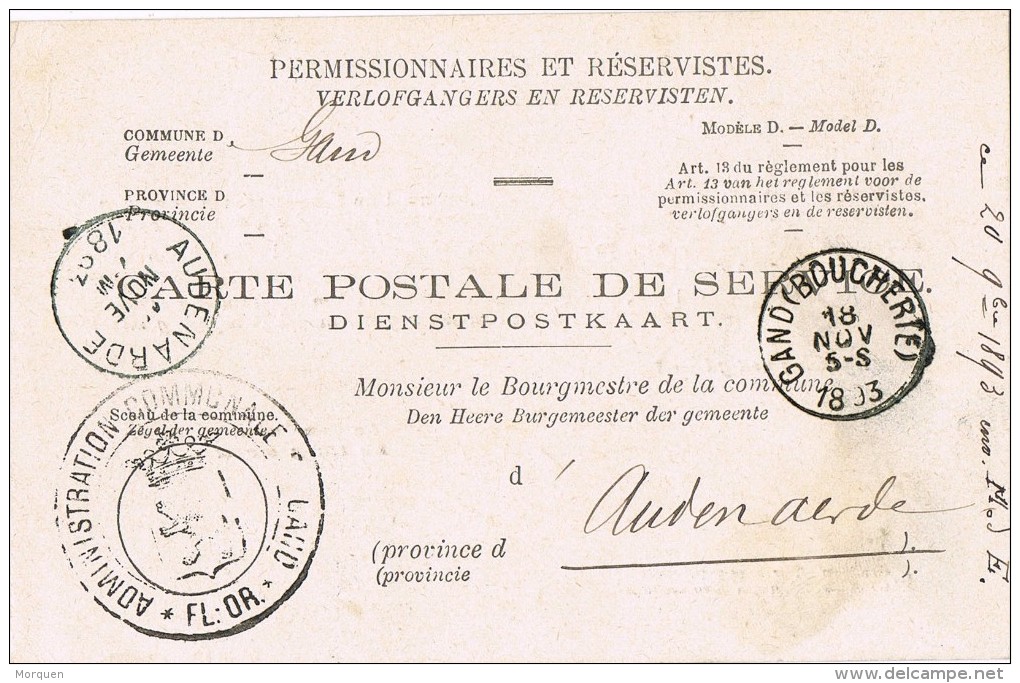 15416. Tarjeta Dienstpostkaart GAND (Belgien) 1893. Administration Flandes Or. - Otros & Sin Clasificación