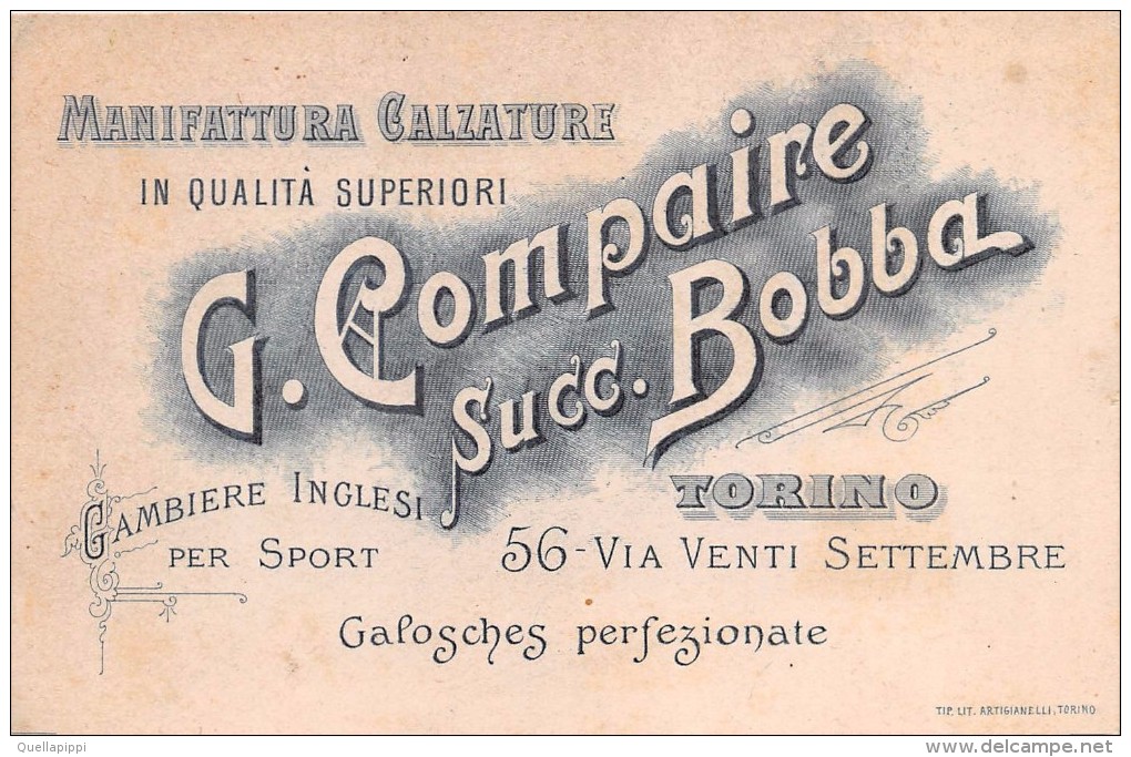 02678 "G. COMPAIRE - SUCC. BOBBA - MANIFATTURA CALZATURE - TORINO" GAMBIERE INGLESI PER SPORT. CARTONCINO PUBBL. - Plaques En Carton