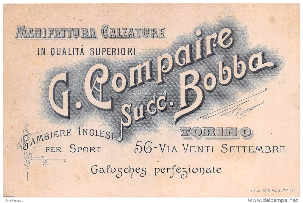 02678 "G. COMPAIRE - SUCC. BOBBA - MANIFATTURA CALZATURE - TORINO" GAMBIERE INGLESI PER SPORT. CARTONCINO PUBBL. - Pappschilder