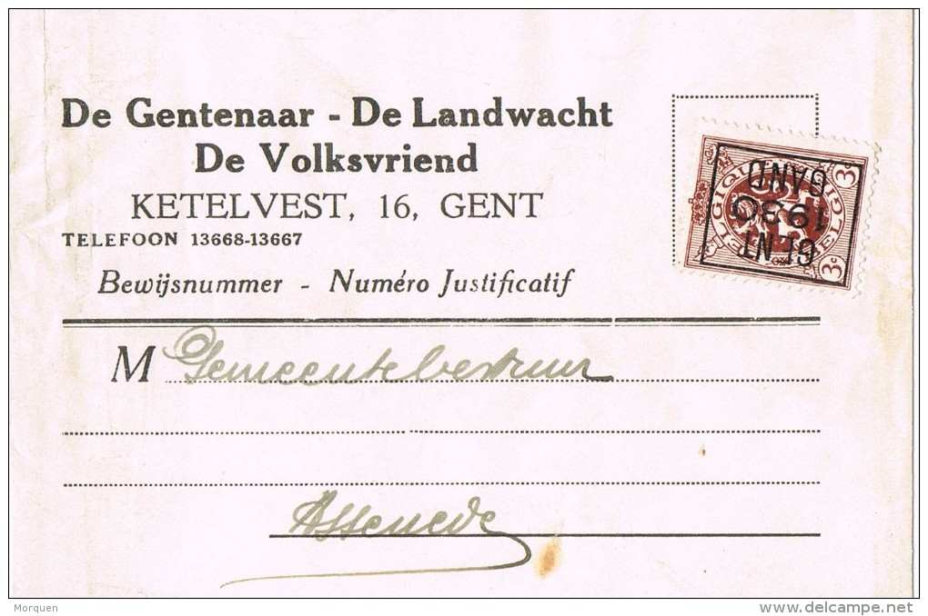 15422. Faja Publicacion Preobliterado  GENT (Belgien) 1930. Roulotte. De Gentenaar- De Landwacht - Rolstempels 1900-09