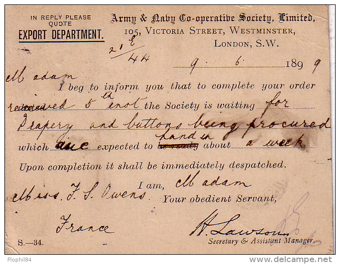 ENTIER POSTAL AVEC REPIQUAGE - EXPORT DEPARTMENT - ARMY & RABY CO-OPERATIVE SOCIETY LONDON SW EN 1899. - Entiers Postaux