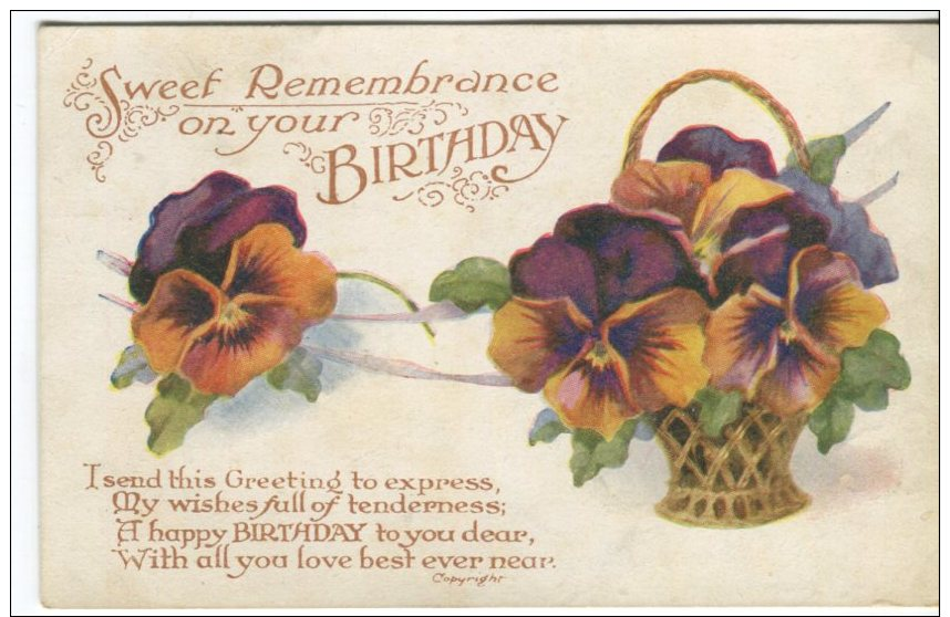 Art And Humour Publishing Postcard, Sweet Remembrance On Your Birthday, 1152 - Compleanni