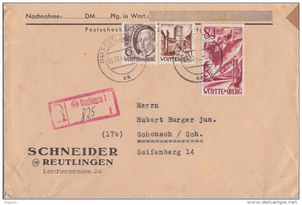 Württemberg R-Brief Mif Minr.15,21,26 Reutlingen 3.12.48 - Württemberg