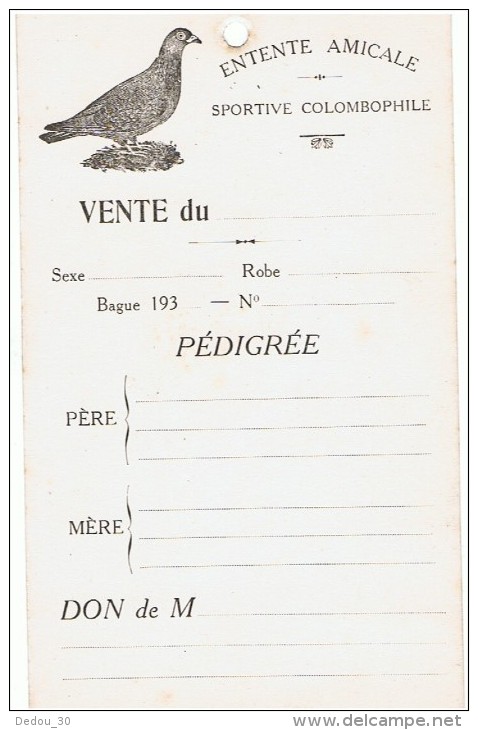 Document Entente Amicale Colombophile Vente Ou Don D´un Pigeon Voyageur - Ohne Zuordnung