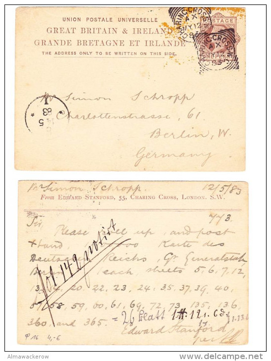 2015-0568 UK Postcard 1883 Charing Cross-Berlin With Arrival Cancellation, Interesting Text - Lettres & Documents