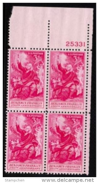 Plate Block -1956 USA Benjamin Franklin Stamp Sc#1073 Electricity Famous - Plate Blocks & Sheetlets