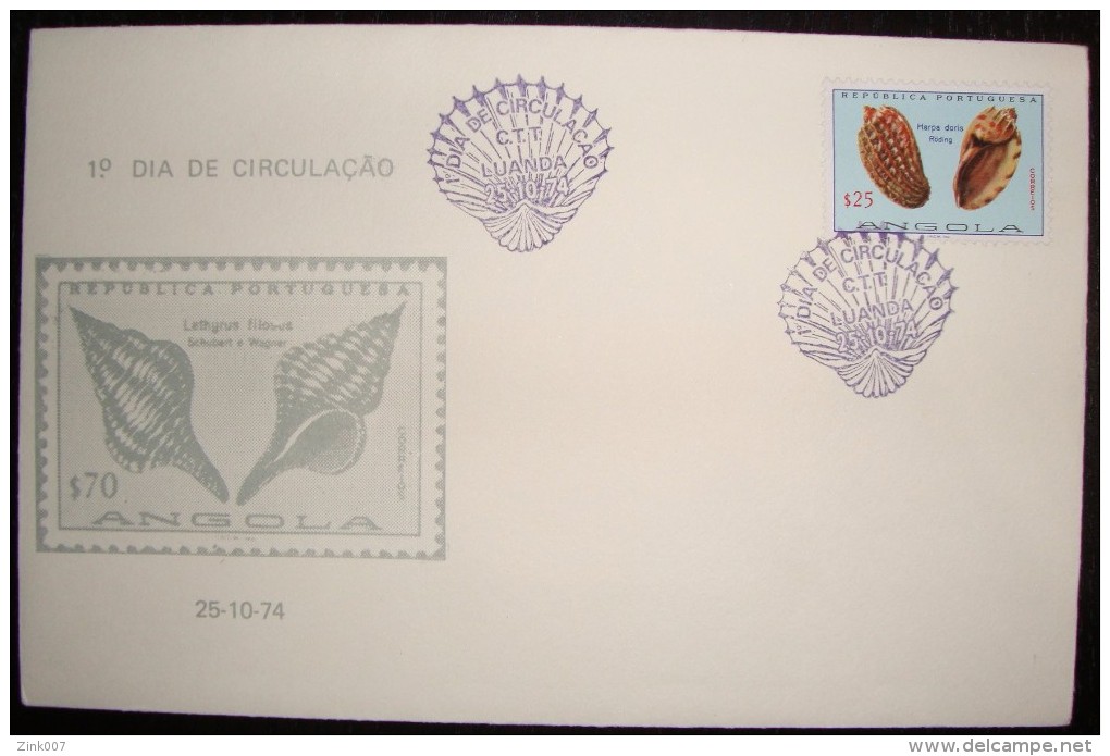 Angola FDC 1974 -  1st Movement Day - 1º Dia De Circulação. Luanda. Stamp Shells Of Angola. Conchas De Angola. - Gezamelijke Uitgaven