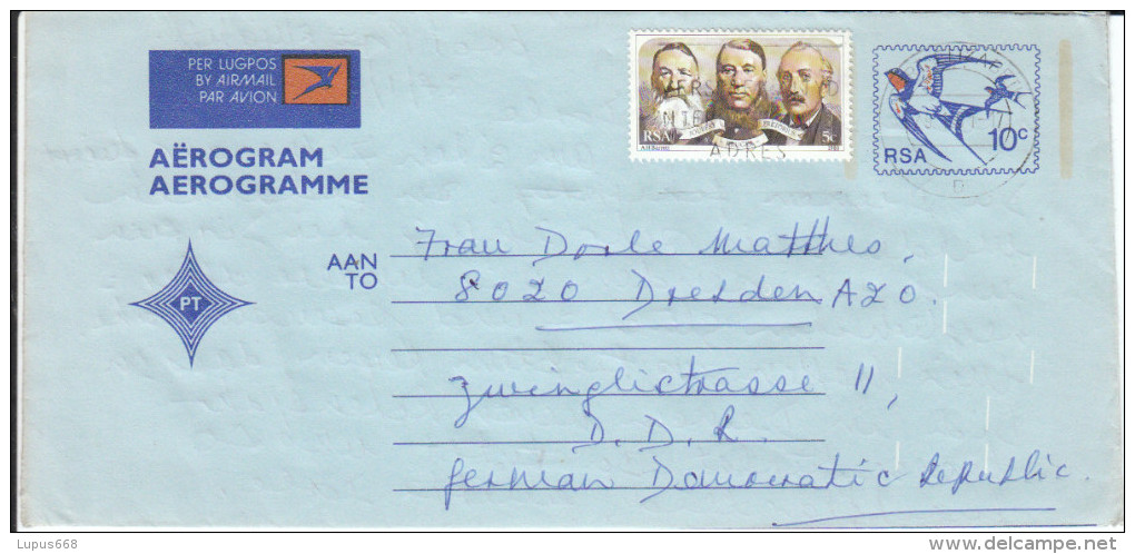 RSA  Aerogramm 10c Mit Zusatzfrankatur Von Port Elizabeth In Die DDR - Poste Aérienne