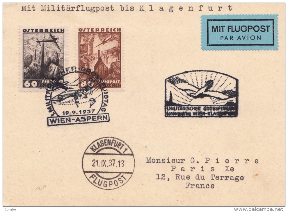 AUTRICHE 1937 MILITARFLUGPOST BIS KLAGENFURT WIEN-ASPERN / 5008 - Covers & Documents