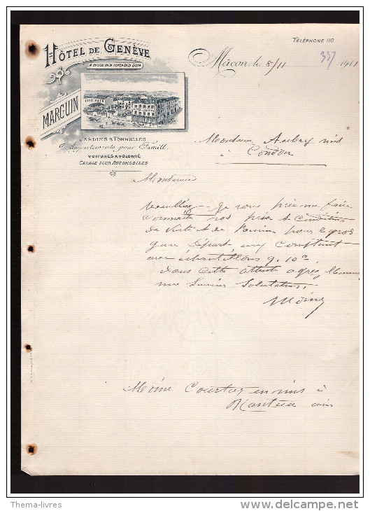 Lettre à Entête HOTEL DE GENEVE (macon) 1911 (PPP1504) - Sport En Toerisme