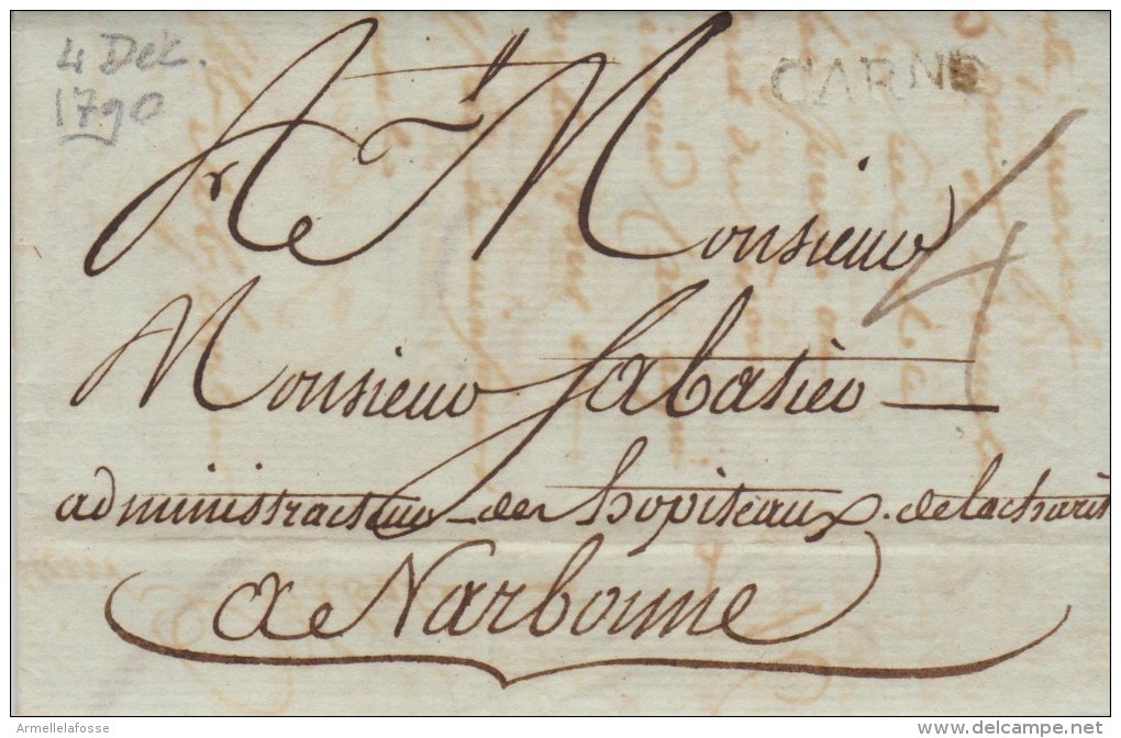 Marque Postale De Carcassonne De 1790  PD 23X3,5 Tm4 (Aude) - 1701-1800: Vorläufer XVIII