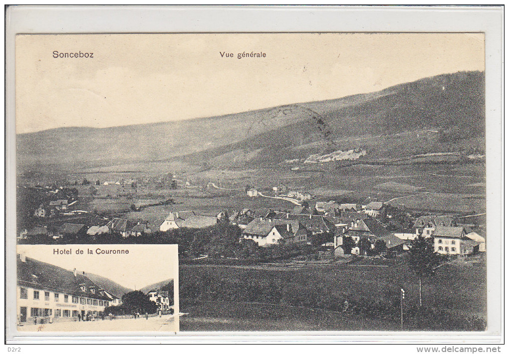 SONCEBOZ - VUE GENERALE ET HOTEL DE LA COURONNE - 121.12.12 - CACHET DE "VILLERET" (ARRIVEE) 12.12.12.A12H - Sonceboz-Sombeval