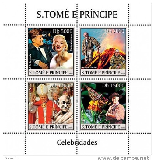 S. Tomè 2004, Kennedy, Monroe, Vulcanist, Pope J. Paul II, Gandhi, Butterfly, Scout, 4val In BF - Cinema