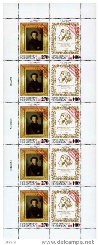 Tajikistan 2008, Russian Center In Tajikistan, Red Overprints, M/S Of 5 Sets - Tadzjikistan