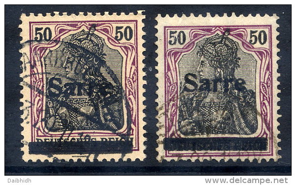 SAAR 1920 Overprint On 50 Pfg. On Both Papers, Used  Michel 13xaII, 13yaI (€96) - Oblitérés