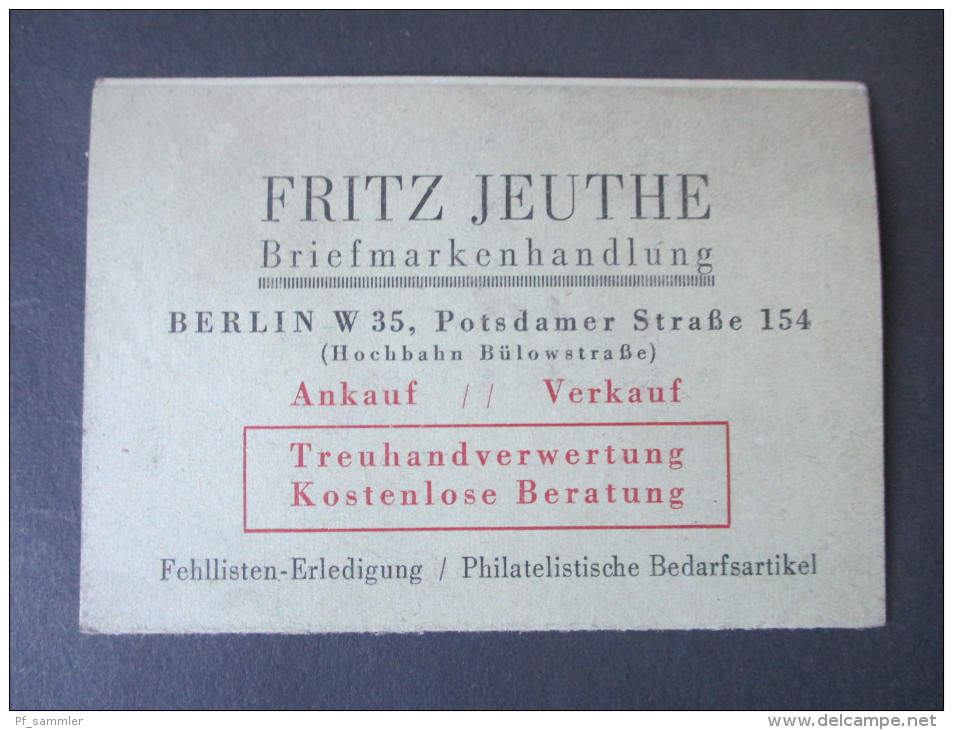 Alte Visitenkarte 1946. Fritz Jeuthe Briefmarkenhandlung. Berlin W 35. Hochbahn Bülowstraße. Mit Kalender. Klappkarte - Cartes De Visite