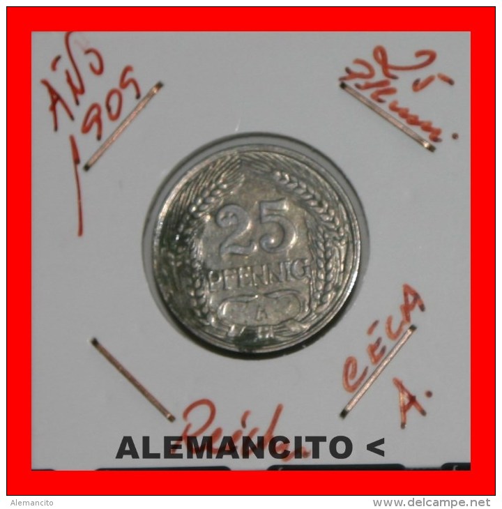 ALEMANIA - IMPÈRIO - 25 Pfn. AÑO 1909-A - 25 Pfennig