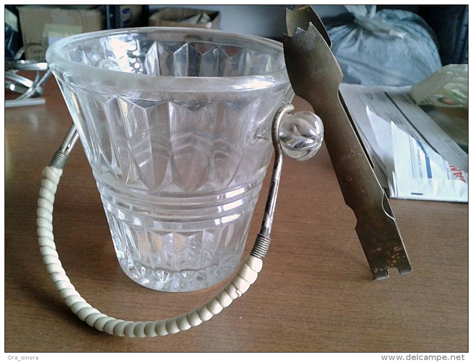 Secchiello Portaghiaccio Vetro Molato Con Pinze Anni 1940 Vintage-Ice Bucket-Seau à Glace - Karaffen