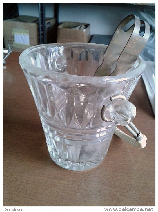 Secchiello Portaghiaccio Vetro Molato Con Pinze Anni 1940 Vintage-Ice Bucket-Seau à Glace - Karaf