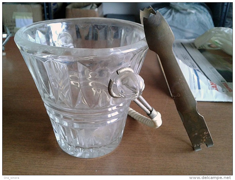 Secchiello Portaghiaccio Vetro Molato Con Pinze Anni 1940 Vintage-Ice Bucket-Seau à Glace - Caraffe