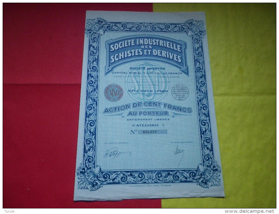 SCHISTES ET DERIVES (100 Francs,categorie A) 1933 - Other & Unclassified