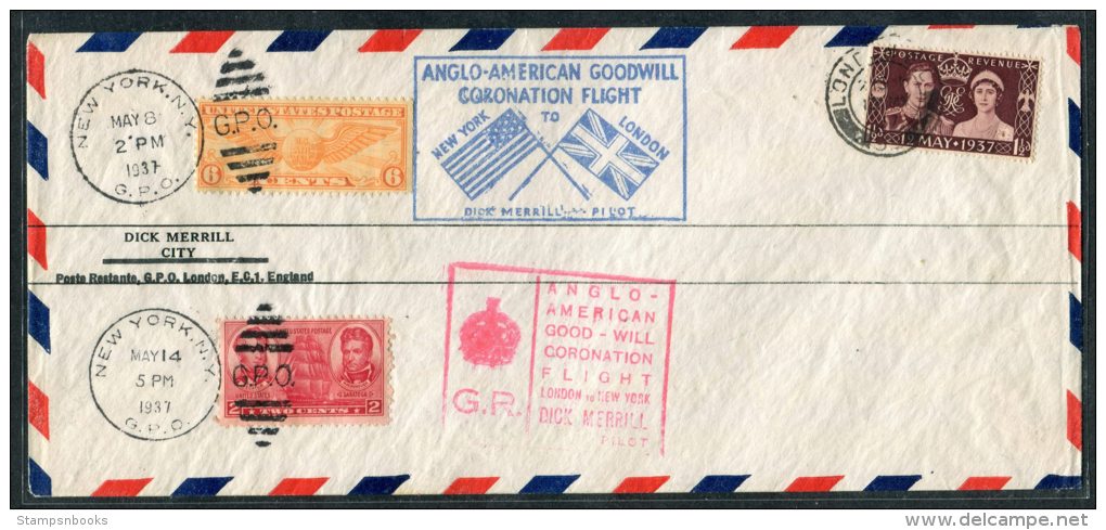 1937 GB USA Anglo American Goodwill Coronation Flight Cover London / New York - Covers & Documents