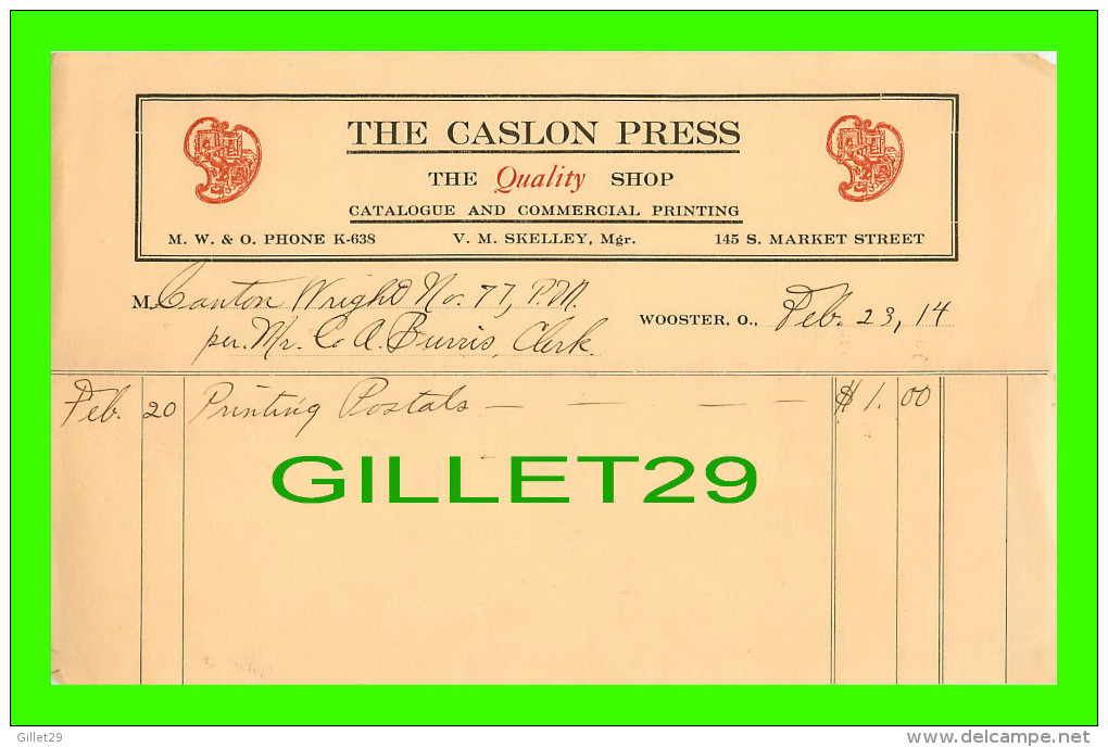 FACTURES - THE CASLON PRESS, WOOSTER, OHIO - 1914 - - Stati Uniti