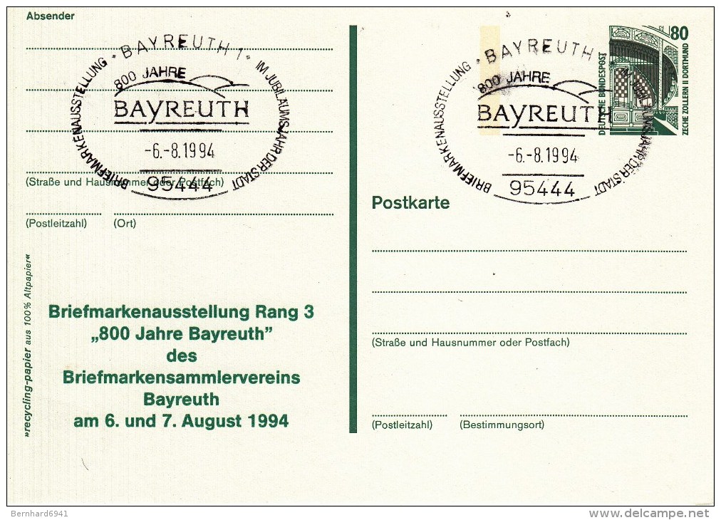 P 130 Sehenswürdigkeiten 80 Pf Pf Mit Zudruck - Briefmrakenausstellung Rang 3 "800 Jahre Bayreuth" - Postkarten - Gebraucht