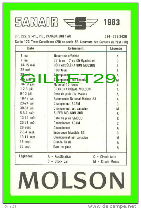 CALENDRIER - PISTE D'ACCÉLÉRATION DE SANAIR, STE PIE, QUÉBEC  ÉVÈNEMENT DE  1983 - - Petit Format : 1981-90