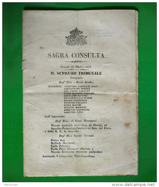 D-IT Governo Pontificio 1868 SAGRA CONSULTA -Sentenza Di Morte Per Monti E Tognetti - Historical Documents