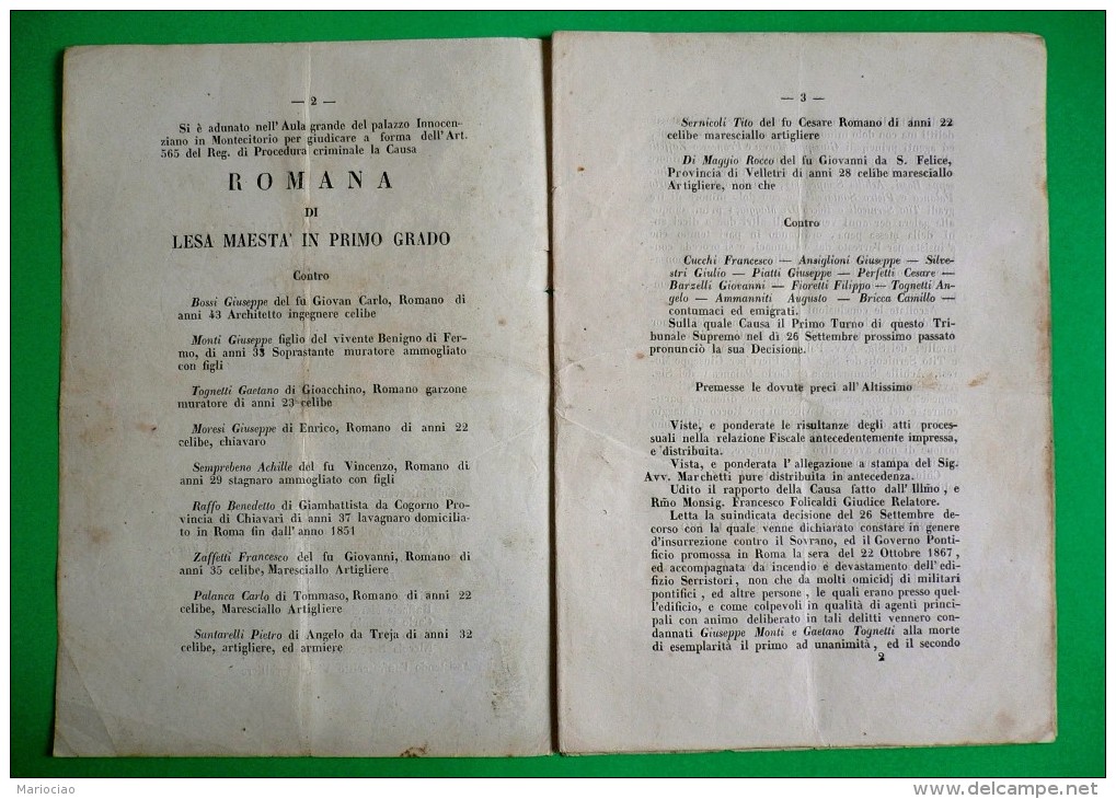 D-IT Governo Pontificio 1868 SAGRA CONSULTA -Sentenza Di Morte Per Monti E Tognetti - Documents Historiques