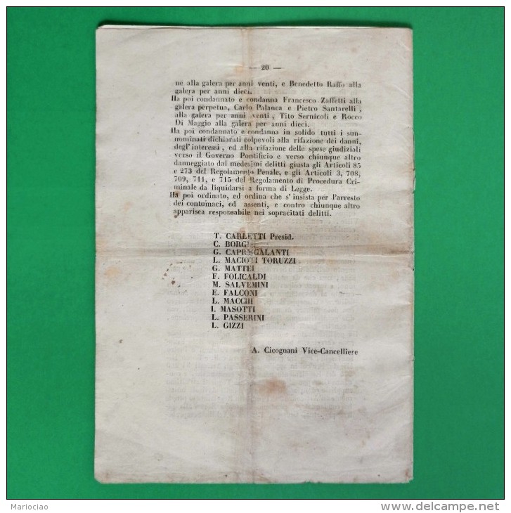 D-IT Governo Pontificio 1868 SAGRA CONSULTA -Sentenza Di Morte Per Monti E Tognetti - Documents Historiques