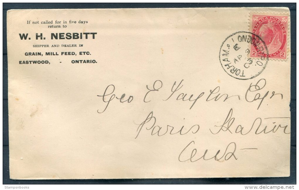 1903 QV (late Useage) WH Nesbit Eastwood Ontario Business Cover Railway PO - Cartas & Documentos