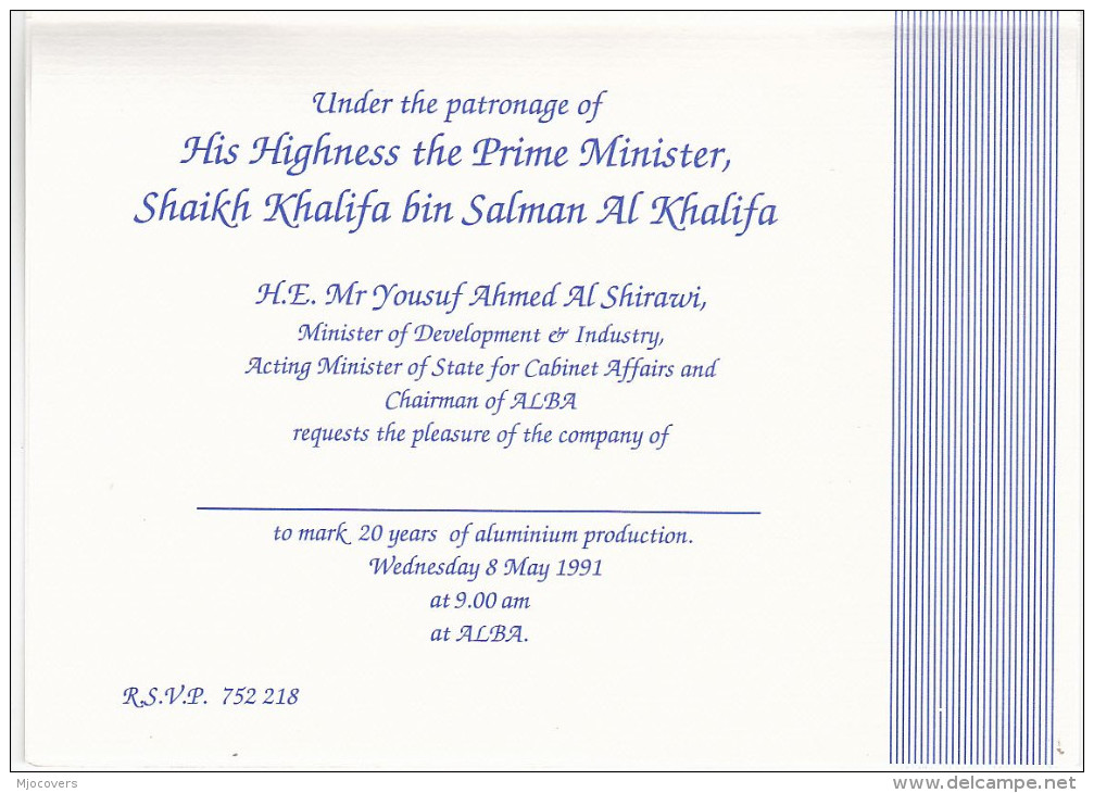 1991  ALUMINIUM - PRIME MINISTER Of BAHRAIN INVITATION (see Scans) Special Stamps Minerals Royalty Cover Card - Minerales