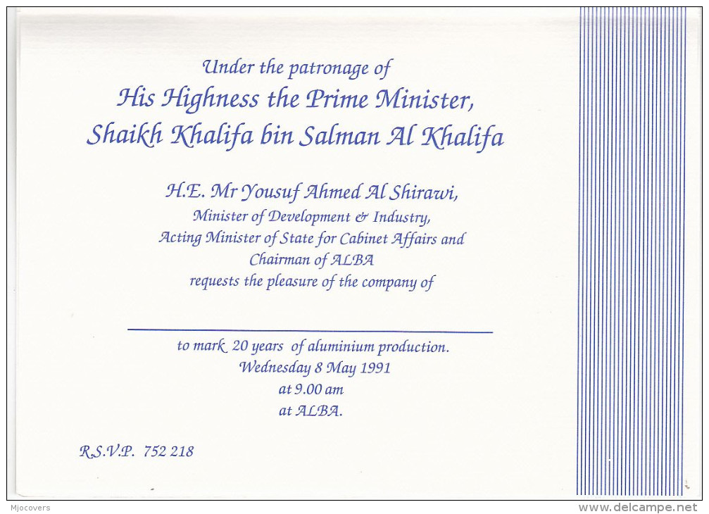 1991  ALUMINIUM - PRIME MINISTER Of BAHRAIN INVITATION (see Scans) Special Stamps Minerals Royalty Cover Card - Minerals