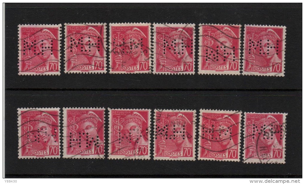 416 De 1938-41 - Lot De 12 Timbres  Perforés. H.M. - Oblitérés.  Type  Mercure - Voir Les 2 Scannes - Autres & Non Classés