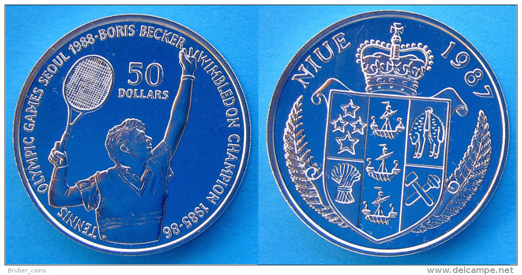 NIUE 50 $ 1987 ARGENTO PROOF SILVER TENNIS WIMBLEDON BORIS BECKER PESO 27,1g TITOLO 0,625 CONSERVAZIONE FONDO SPECCHIO - Niue