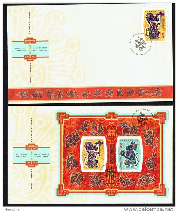 2008   Year Of The Rat  Single Domestic Rate And Souvenir Sheet International Rate Sc 2257-8 Set Of 2 FDCs - 2001-2010