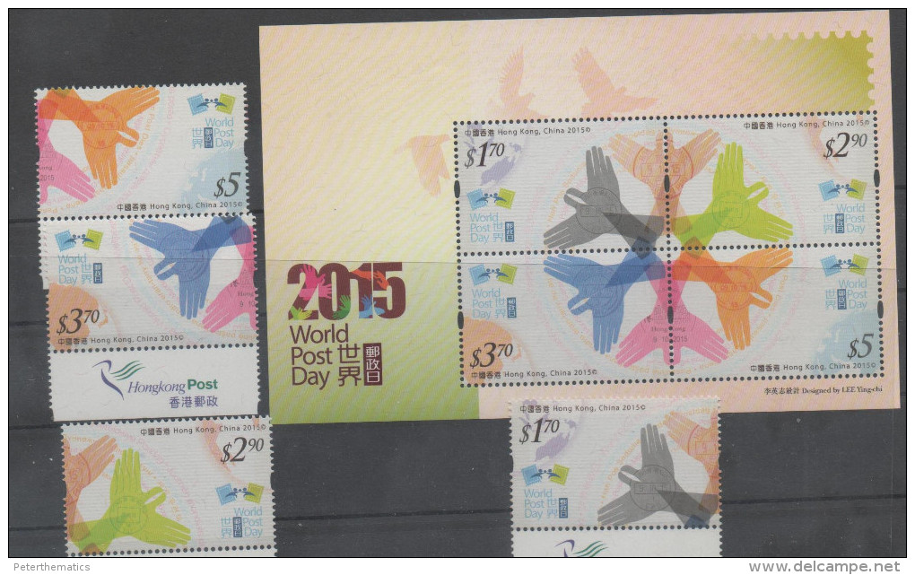 HONG KONG, 2015, MNH, WORLD POST DAY, BIRDS STYLIZED, 4v+SHEETLET - Posta