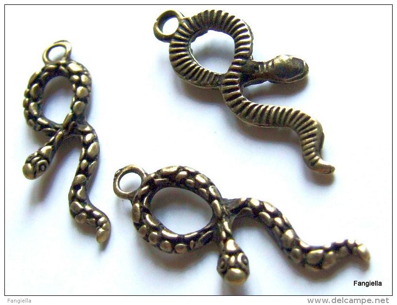 5 Breloque Serpent Bronze Très Réaliste Double Face Sans Nickel Ni Plomb Environ 33x11mm   Breloque Serpent Impression R - Perles