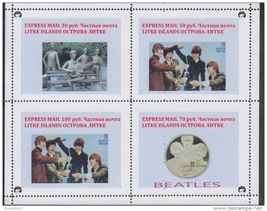 Fantasy Label Beatles Music Band On Gold Coins Stamp On Coin OVERPRINT 4 Blocks - Música