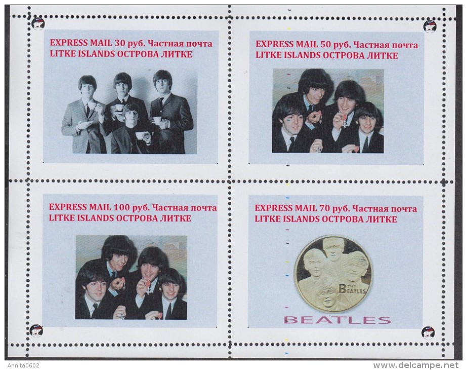 Fantasy Label Beatles Music Band On Gold Coins Stamp On Coin OVERPRINT 4 Blocks - Música