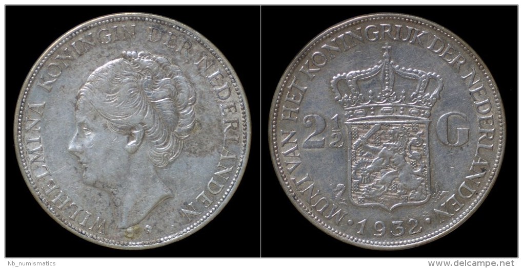 Netherlands Wilhelmina I 2 1/2 Gulden(rijksdaalder)1932 - 2 1/2 Gulden