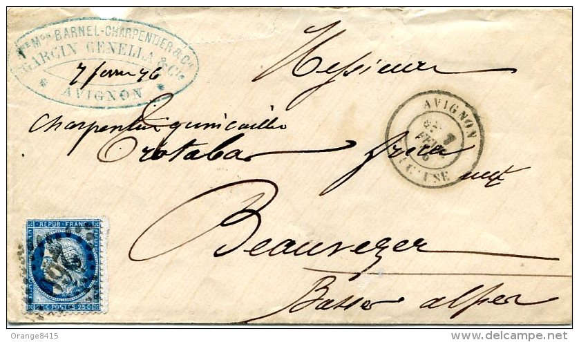 Vaucluse,lettre D´Avignon Càd Type 18 Du 1 Février 1876 Pour Beauvèze Basses-Alpes GC 260 Sur Cérès 25c Bleu - 1849-1876: Période Classique