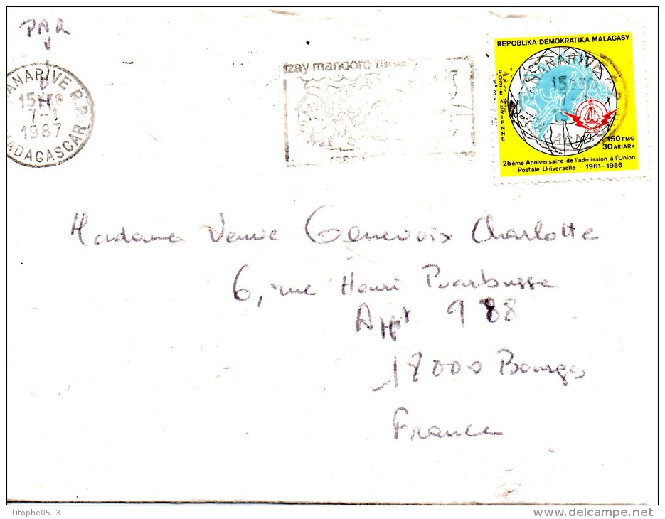 MADAGASCAR. PA 192 De 1986 Sur Enveloppe Ayant Circulé. UPU. - UPU (Union Postale Universelle)