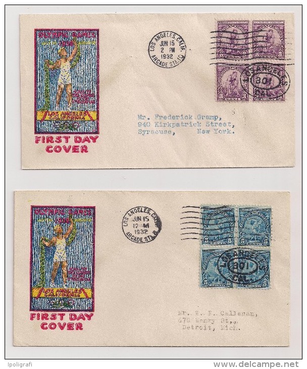 USA - 1932 - Olympic Games In L. A. FDC, Block Of 4 Of Each, Complete Set - Los Angeles 15-6-1932 - Sommer 1932: Los Angeles